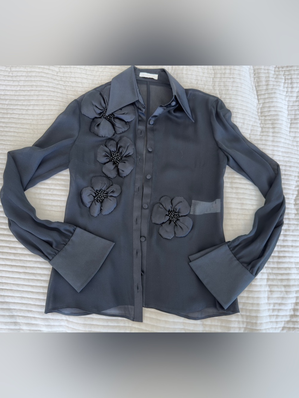 Valentino Couture Black Silk Chiffon Floral Button Blouse Size 4 - Picture 6 of 16